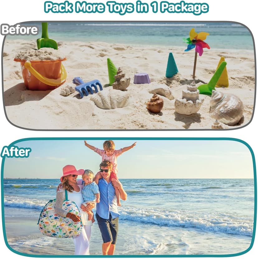 Extra Large Beach Toy Bag with Drawstring - Lightweight Mesh Tote Bag for Sand Toys, Beach Swinmming Pool Essentials, Dino Green