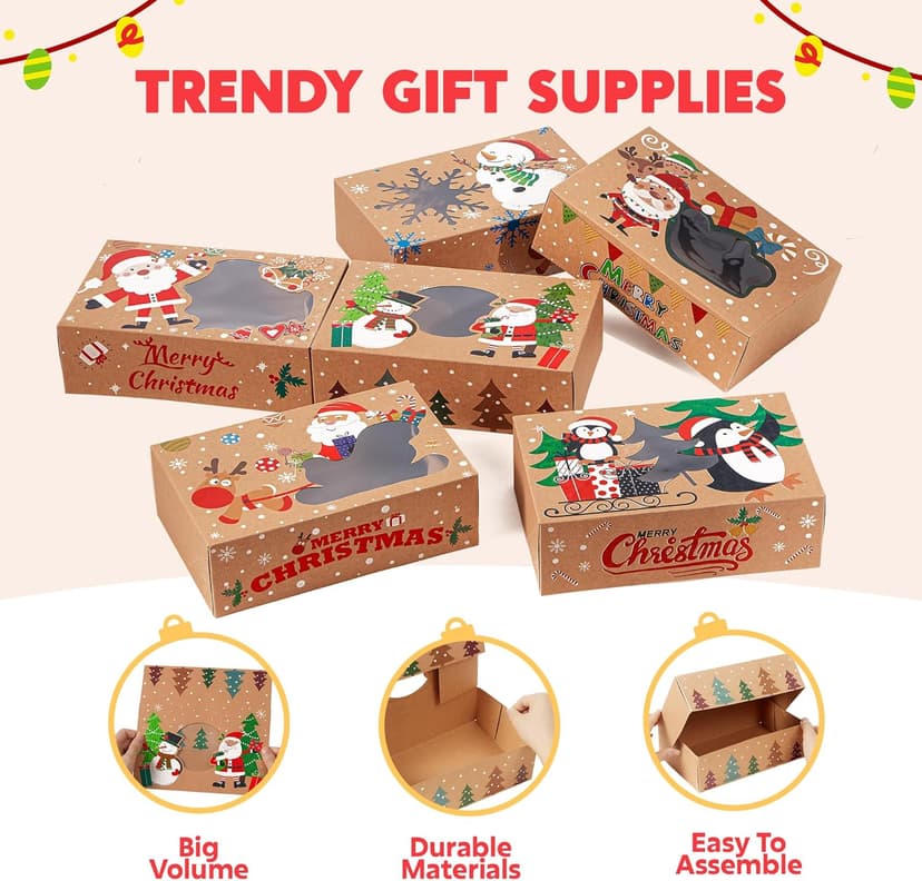 JOYIN 12PCS Christmas Cookie Boxes for Gift Giving, 8.75" x 5.75" x 2.75" Xmas Holiday Bakery Treat Boxes with Window, Kraft Cookie Tin Container Box for Baked Goods, Cupcake, Pastry, Candy, Doughnut