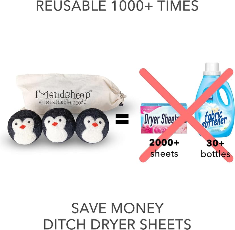 Friendsheep Wool Dryer Balls, Organic Reusable Fabric Softener Alternative for Laundry, Handmade, Fair Trade, Hypoallergenic, Eco-Friendly, Plastic-Free (3 Pack XL – Penguin)