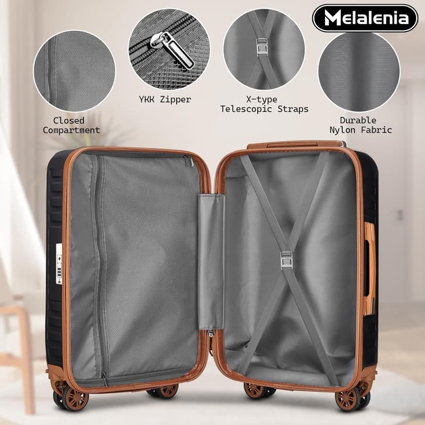 Melalenia Luggage Sets 7 Piece Suitcase Set, Hard Shell Carry on Luggage Travel Suitcases with Spinner Wheels and TSA Lock, Lightweight Luggage Set for Women, Black Brown