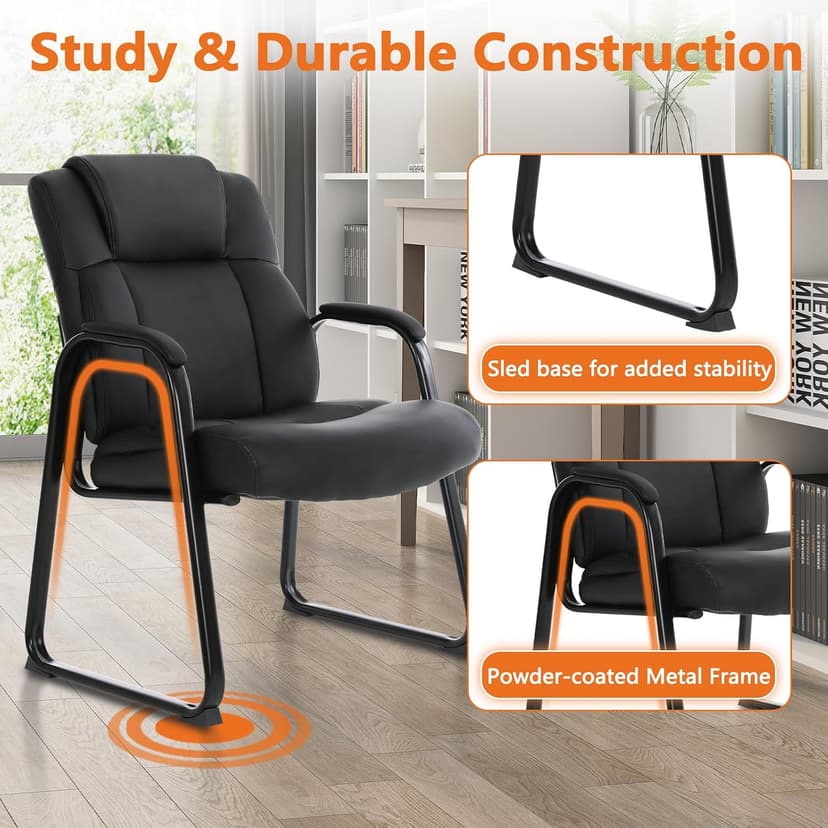 CLATINA Big and Tall Office Chair 500lbs Leather Reception Chair with Bonded Padded Armrest Wide Seat Sled Base Desk Chair No Wheels for Reception Conference Waiting Room Side Office Home, Black