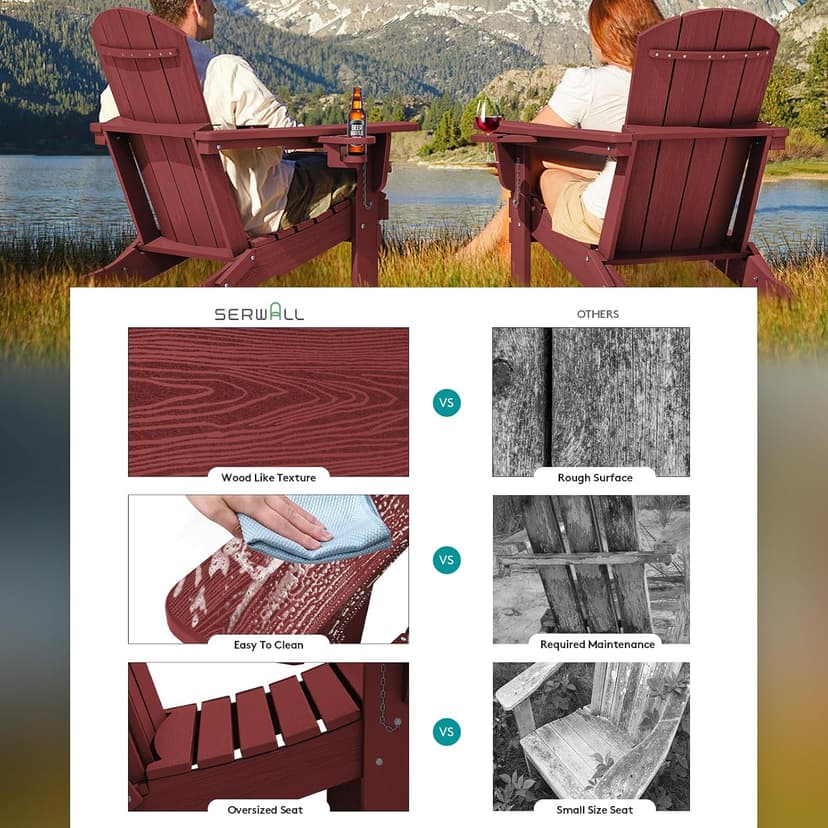SERWALL Adirondack Chair with Cup Holders - Composite Adirondack Chairs Set of 2 HDPE Outdoor Chairs All Weather Use- Dark Red