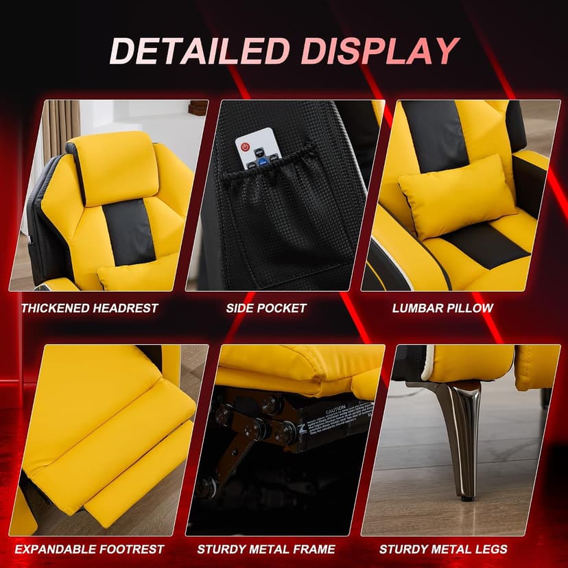 URRED Gaming Recliner Chair with LED Lights, Ergonomic Video Game Reclining Chair with Footrest, Lumbar Pillow, Side Pocket, Home Theater Recliner for Living Room, Bedroom, Gaming Room (Yellow)