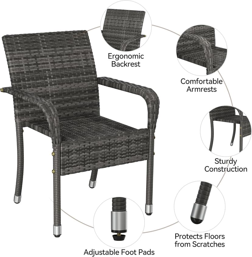 Yaheetech Set of 2 Stackable Outdoor Rattan Dining Chairs, All-Weather Firepits Armchair w/Armrests, Steel Frame for Garden, Patio, Deck, Yard, Poolside, Gray