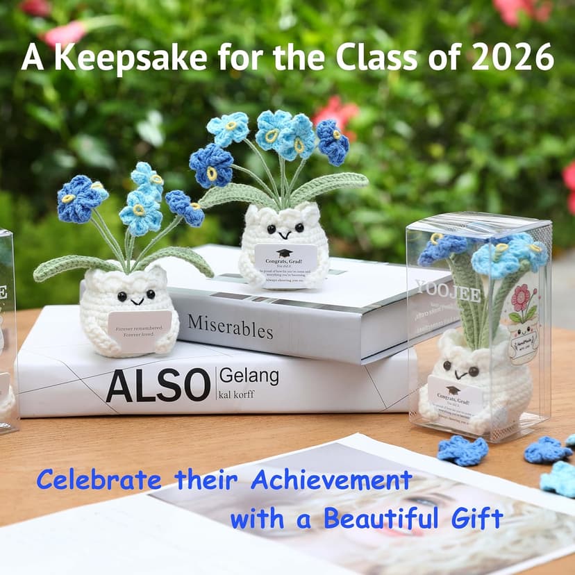Crochet Forget Me Not Graduation Gift – Class of 2026 Blue Flowers with Card “Congrats, Grad! You Did It.”, Meaningful Gift for Student, Senior, Keepsake Desk Decor B0GMPV8Q35