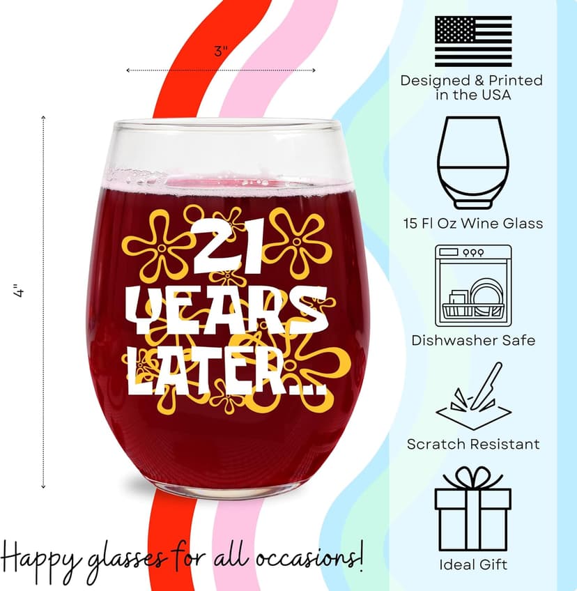 Funny 21st Birthday Gifts for Her – “21 Years Later” Design – 15oz Stemless Wine Glass – Cute and Nostalgic Gift for Women Turning 21, Birthday Celebration Decoration or Wine Lover Present