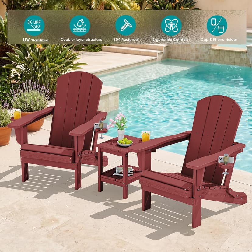 SERWALL Adirondack Chair with Cup Holders - Composite Adirondack Chairs Set of 2 HDPE Outdoor Chairs All Weather Use- Dark Red