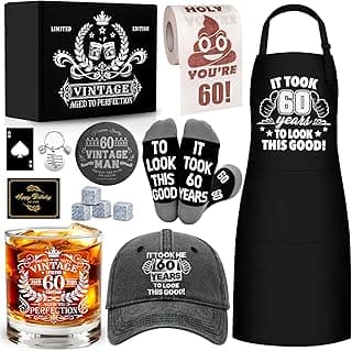 60th Birthday Gifts for Men Whiskey Glass Set, 60th Birthday Party Supplies with 11 Oz Whiskey Glass Coaster Stone Baseball Cap Apron Sock Funny Toilet Paper Keychain for Him, Dad, Husband, Friends
