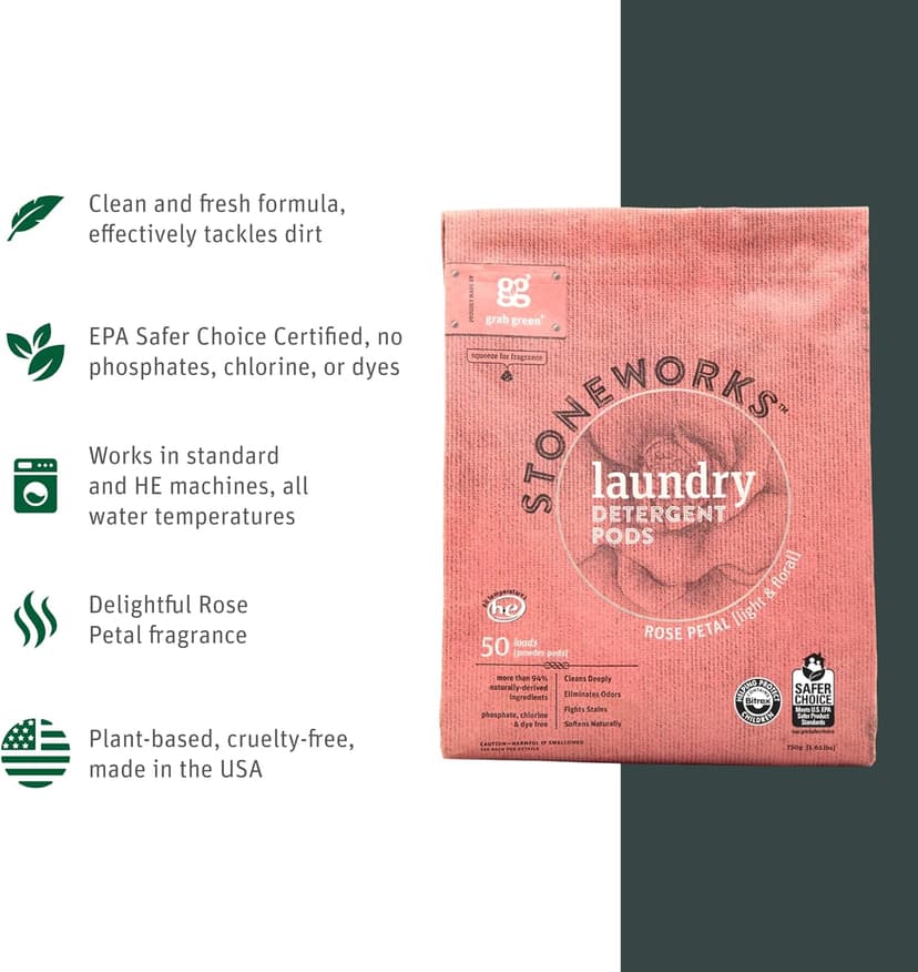 Grab Green Stoneworks Laundry Detergent Pods Sample Kit, 10 Count, Birch Branch, Fragrance Free Rain, Oak Tree, Olive Leaf, Rose Petal Scents, Plant a Tree