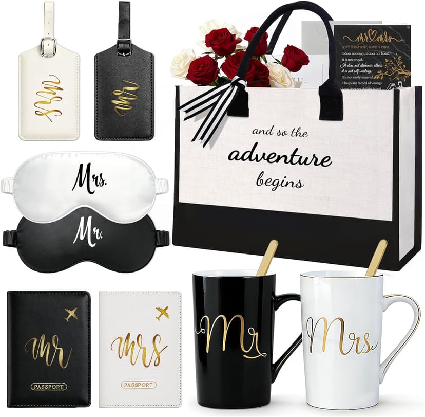 Jumway Wedding Gifts Basket, Gifts for Bridal Shower Engagement Wedding and Married Couples Anniversary - Tote Bag Ceramic Marble Coffee Mugs Gift Set Black B0GWR74CJC