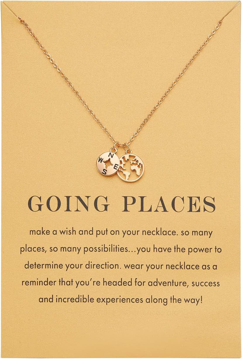 Zealmer Dainty 18K Gold Plated Compass World Map Pendant Necklace Graduation Gift for Friends