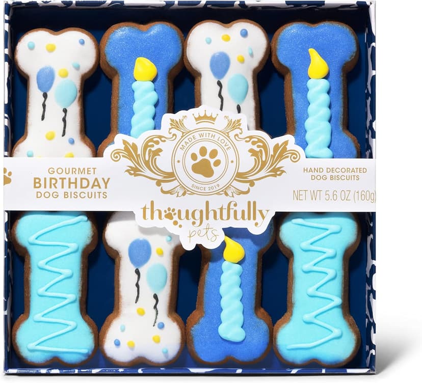 Thoughtfully Pets, Blue Dog Birthday Cookie Gift Set, Hand Decorated Crunchy Dog Treats in Bone Shapes, Great for Birthdays, Set of 8