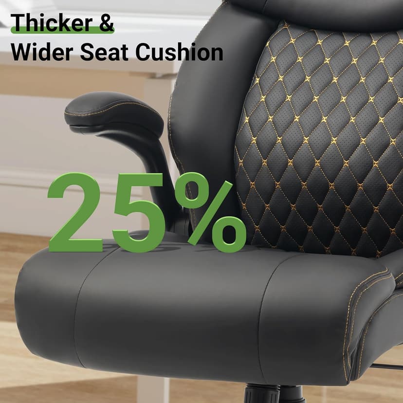 Office Chair, Big and Tall Executive Chairs with Lumbar Support for Back Pain, Breathable Desk Computer Chair with Adjustable Flip-up Armrests, Wide Cushion Swivel Home Office Chair Black PU