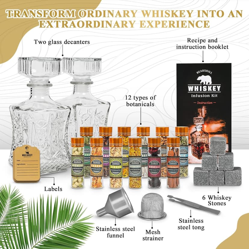 Alcohol Infusion Kit, DIY Whiskey Making Kit for Infusing Bourbon, Rye, Gin, Vodka, Tequila, Rum with Custom Botanicals, Perfect Alcohol Infusion Kits Whiskey Gifts for Men, Dad, Husband