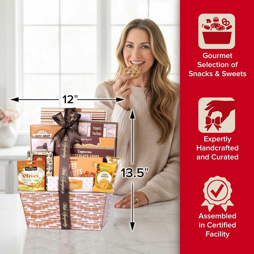 Deluxe bereavement food care package with snacks and sweets for loss, funeral, or condolences. Kosher shiva. Broadway Basketeers Deluxe Sympathy Gift Basket Sharing Heartfelt Moments B076BXHWSC