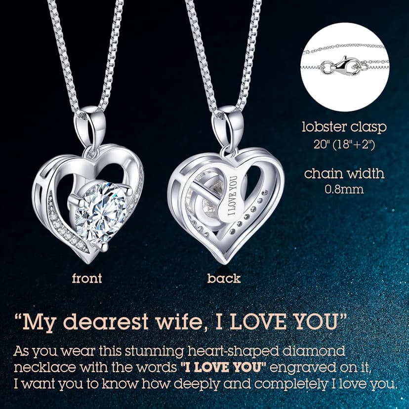 ONLYLIKE Heart Pendant Necklace Gifts for Wife, Engraved 'I LOVE YOU' Gift for Wife, 1-3 Carat Moissanite Necklace, Anniversary Eternity Jewelry Present for Wife, Birthday Gifts for Women