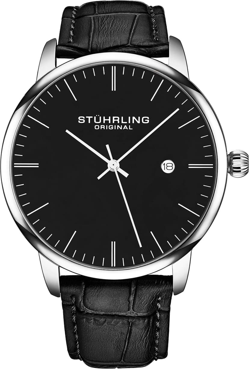 Stuhrling Original Men’s 40 mm Ultra-Slim Black Dial Dress Watch with Calfskin Leather Strap, Date Display – Minimalist Analog Wristwatch