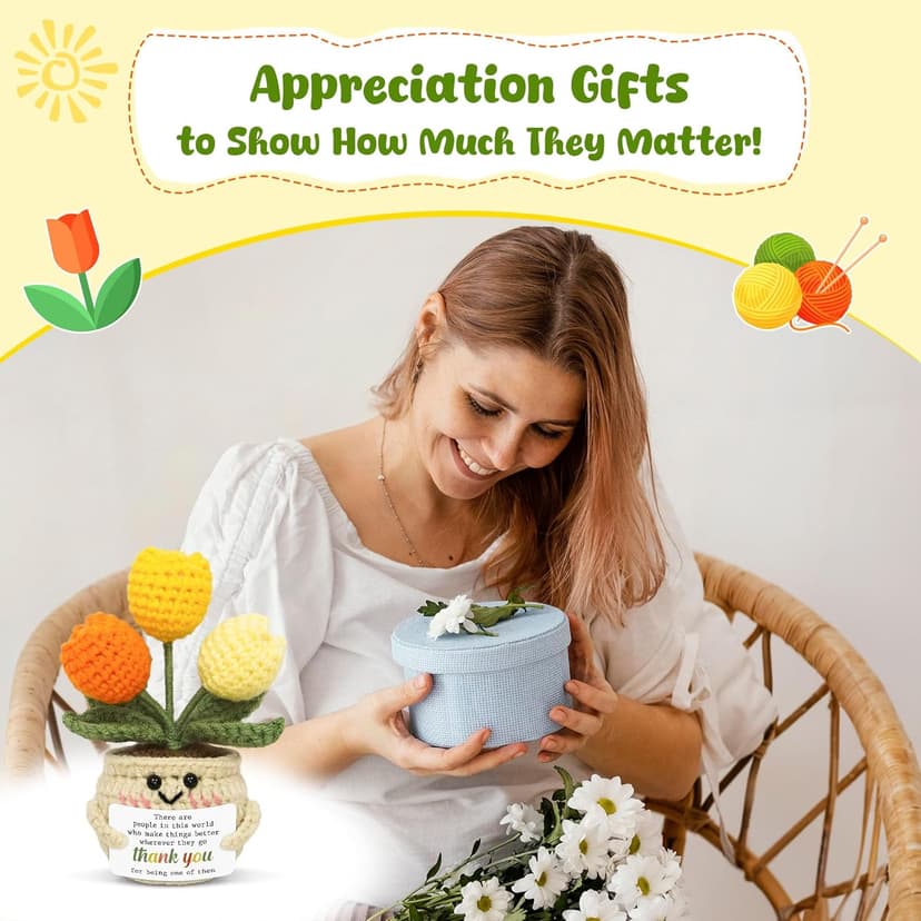 OASSIE Thank You Gifts for Women - Mini Handmade Positive Tulip Flowers Crochet with Message Card - Christmas Birthday Farewell Employee Appreciation Gifts for Coworkers, Emotional Support Crochet