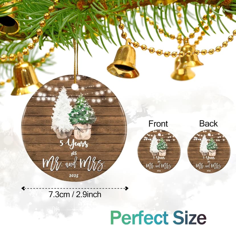 5th Anniversary Ornament Gifts for Couple, 5 Year Wedding for 5th Anniversary, Ceramic Keepsake 5 Year as Mr and Mrs Christmas Ornaments