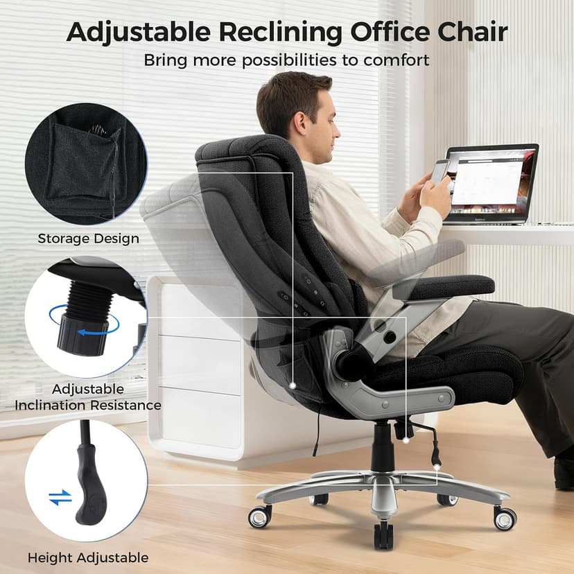 600LBS Big and Tall Massage Office Chair, Extra Wide Seat - 3D Kneading Massage & Heat Office Chair with Heavy Duty Metal Base, 3D Flip Arms, Fabric Ergonomic with Thick Spring Cushion