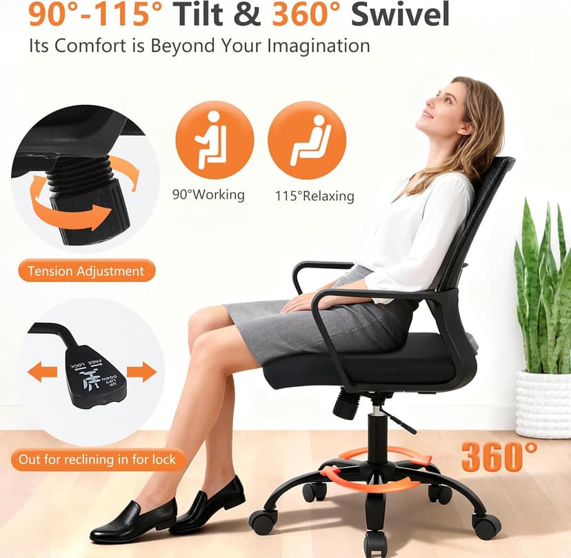 PayLessHere Office Chair Computer Chair Ergonomic Mesh Chair Mid-Back Home Office Swivel Chair Modern Desk Chair with Wheels Armrests Lumbar Support (Black)