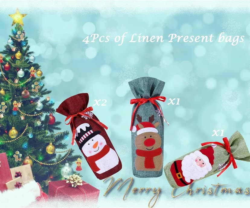 4pcs Christmas Wine Bottle Bags Burlap Wine Bottle Gift Bags with Drawstring, Reusable Santa Claus, Snowman & Reindeer Drawstring Covers for Xmas New Year Party Table Decoration