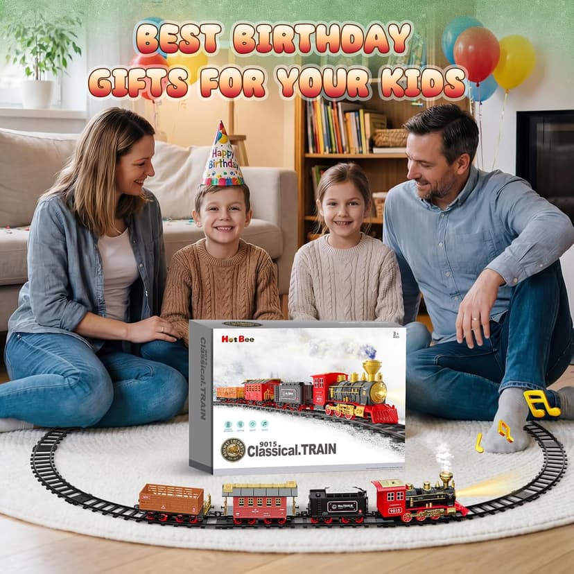 Hot Bee Train Set - Train Toys for Boys with Smokes, Lights and Sound, Toy Train Set for Under Christmas Tree, Toddler Model Trains for 3 4 5 6 7 8+ Years Old Kids Christmas Toys Gifts