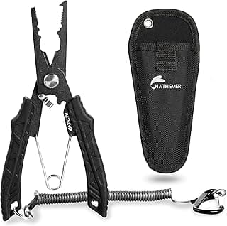 Hathever Saltwater Fishing Pliers, Split Ring Pliers for Fishing with Safety Lock, Fish Pliers with Sheath and Lanyard, Fishing Gifts for Men