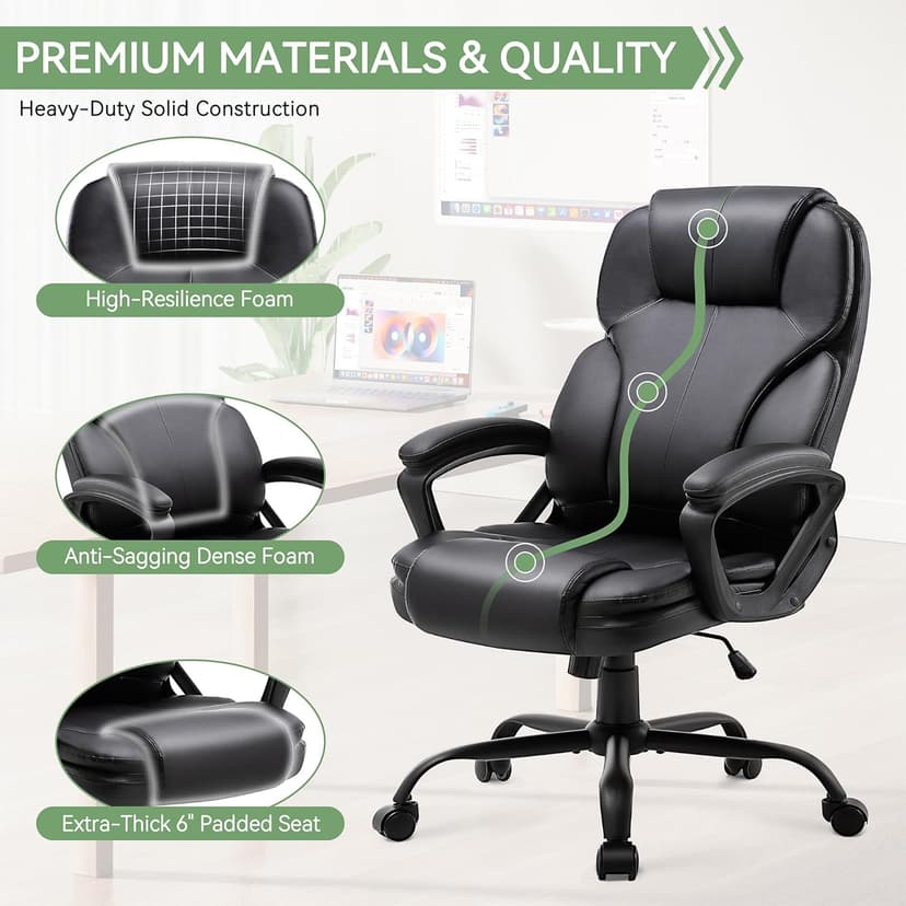 Ergonomic Office Chair with High Back, Comfy Desk Chair, Adjustable Executive Office Chair for Home Office, Big and Tall Computer Chair Heavy Duty, 360° Swivel, Faux Leather Black
