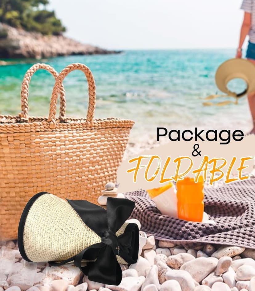 Camptrace Sun Visors for Women Wide Brim Beach Hat Foldable Straw Visor Hat Ponytail Summer Packable UPF 50+