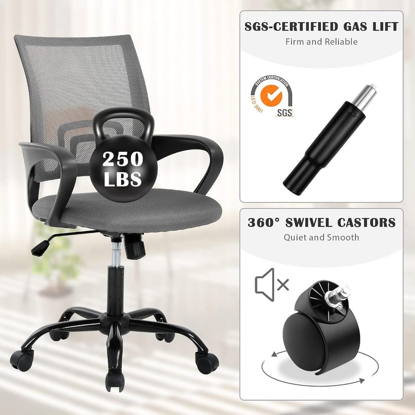 MKDLUFEI Office Chair, Ergonomic Cheap Desk Chair with Lumbar Support, Adjustable Mid Back Task Rolling Swivel for Home Office Student, Adults,Study, Grey
