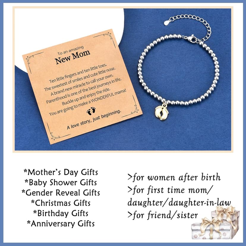 New Mom Gifts, Baby Feet Charm Bracelet Gift for Pregnant Mommy 1st Time Moms, New Mother Pregnant Mom to Be Gifts, Mothers Day Birthday Christmas Baby Shower for Wife Daughter Friend Sister