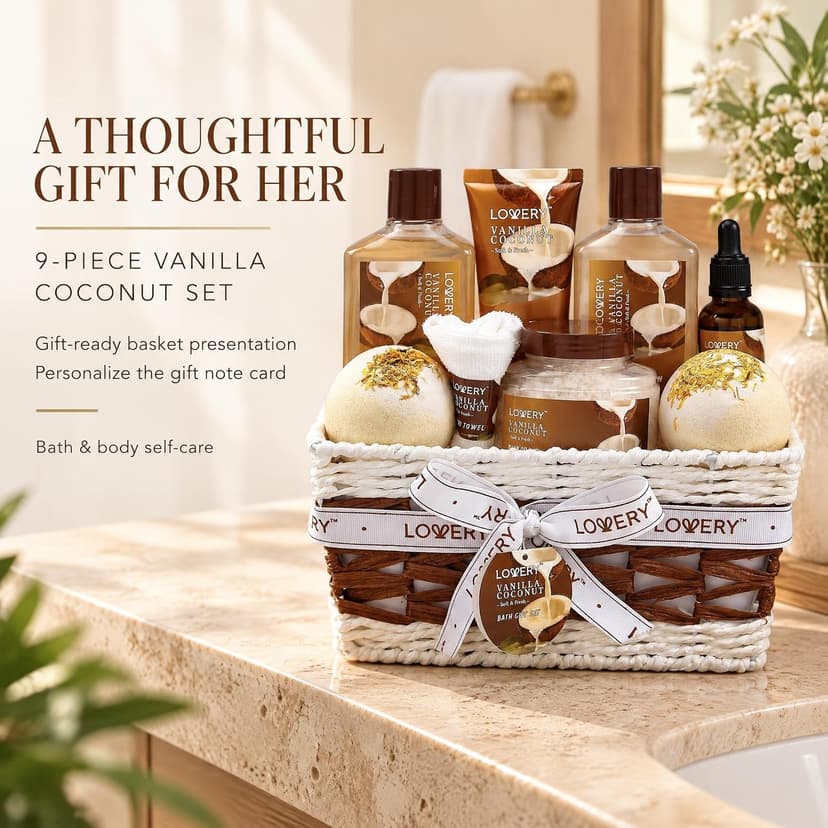 Gifts For Women Gift Basket for Women– 9 Piece Set of Vanilla Coconut Home Spa Set, Includes Fragrant Lotions, Extra Large Bath Bombs, Coconut Oil, Luxurious Bath Towel & More