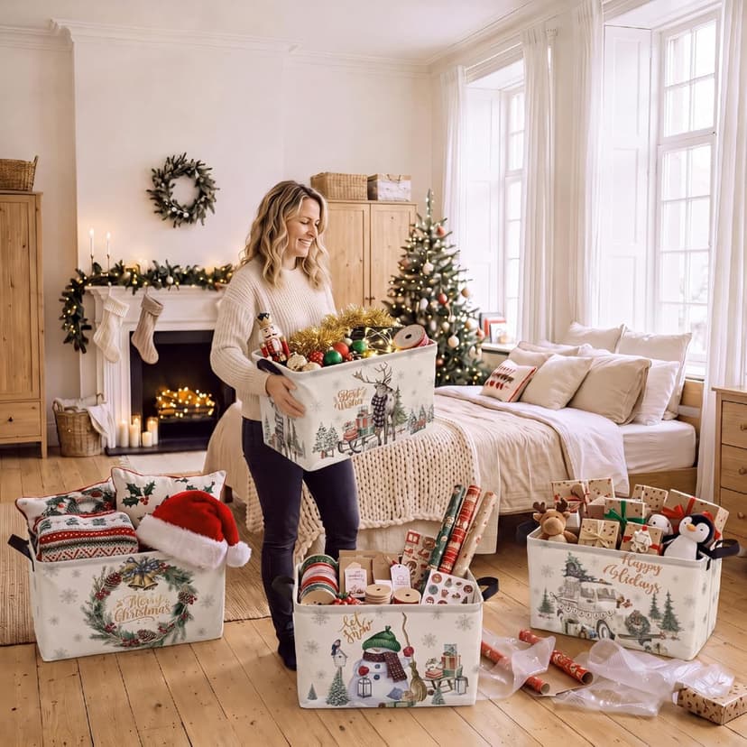 4 Pcs Christmas Storage Basket for Gifts Empty Large Christmas Storage Bins 15 x 10 x 8 Fabric Laundry Baskets with Handle Xmas Collapsible Organizer Boxes for Home Office Gifts Toys Books B0H4M5V4NG