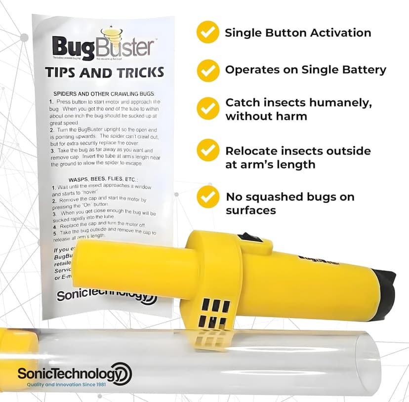 Sonic Technology BugBuster BB100 - Battery Operated Spider Catcher and Release Device, Spider Vacuum Catcher for Kids & Adult, Bug Catch and Release Tool for All Insects with Easy Switch- 14" Yellow