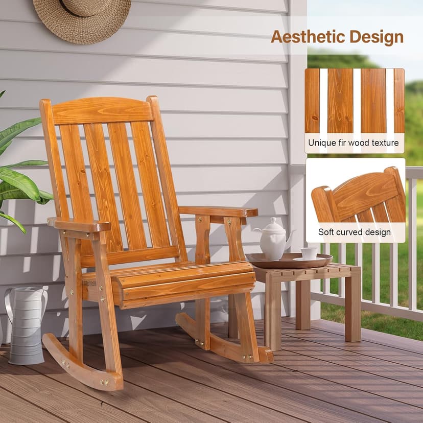 VINGLI Wooden Rocking Chair, Patio Rocker with Higher Backrest, Heavy Duty 600 LBS Outdoor Rocking Chair for Garden, Yard, Balcony, Teak