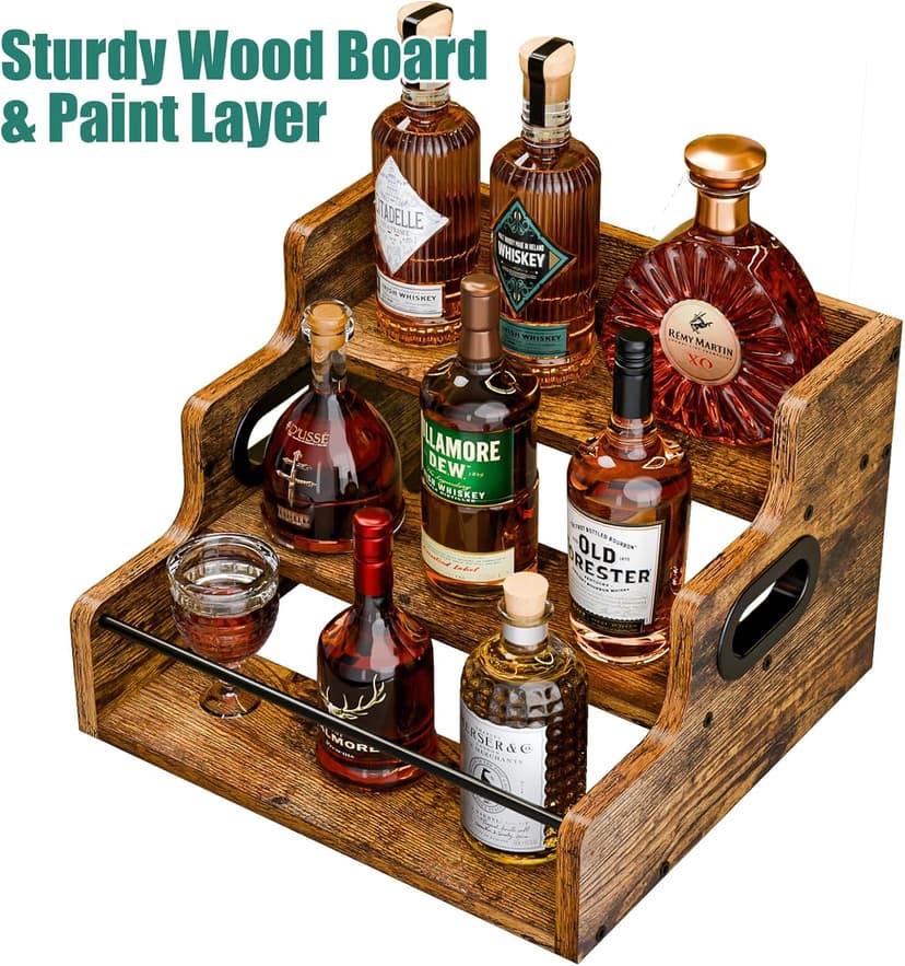KLM Liquor Bottle Display Shelf, Coffee Syrup Rack Organizer, 3 Step Countertop Liquor Wine Rack, mini bar,liquor cabinet, Home Retro Bar Shelf Stand for Liquor Whiskey, Spirits B0D8TFHH3F