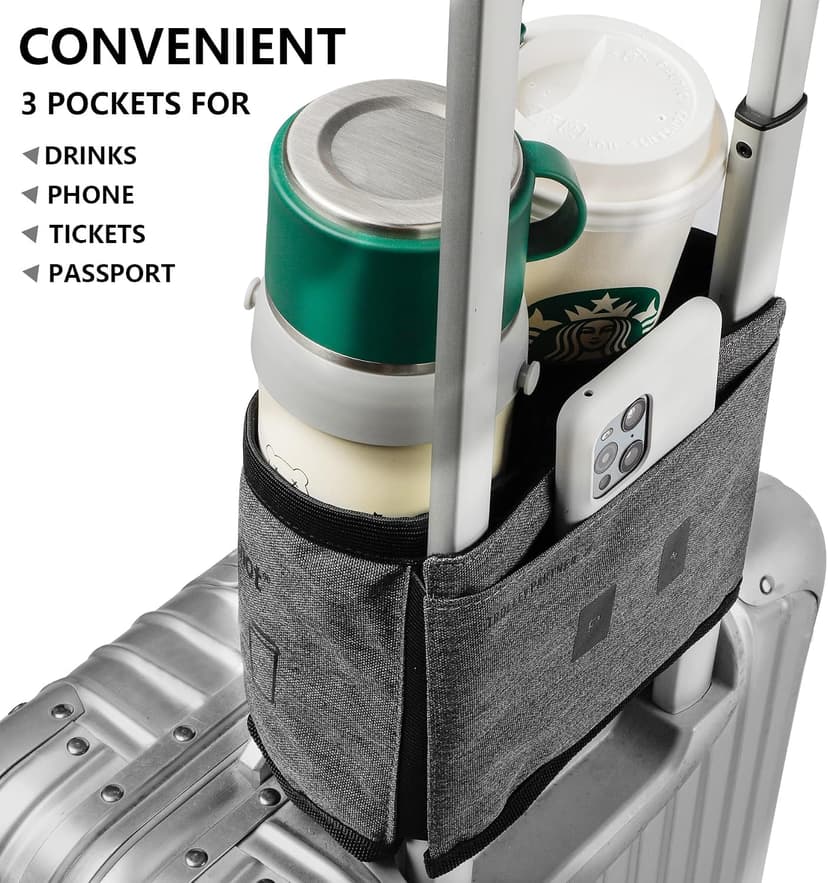 Hold Two Drinks No Spill, Fits Roll on Suitcase Handles, Gifts for Travelers, Travel Luggage Accessories, Hook & Loop riemot Luggage Travel Cup Holder Free Hand Suitcase Drink Carrier Grey B07TXCCQGP