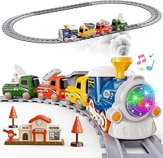 Hot Bee Train Set for Toddlers with Steam - Light Up & Sound Choo Choo Train, Electric Train Set for Toddlers 2-4, Magnetic Connection Train Toys, Birthday Gifts for Boys Girls 3 4 5 6