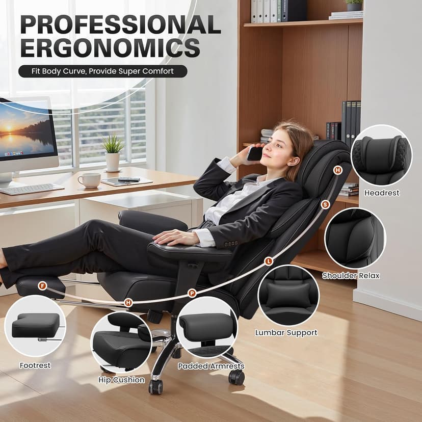 BestGlory Office Desk Chair, Big and Tall Leather Gaming Chair with Footrest, Wide Ergonomic Comfy Executive High-Back Reclining Computer Chairs, Swivel Rolling Wheels and Padded Lumbar Support, Black