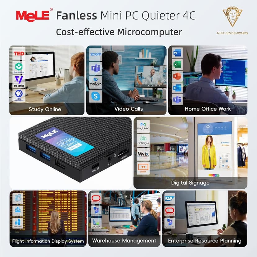 MeLE Quieter4C N150 Fanless Mini PC with Win-11-Pro,16GB RAM LPDDR5 512GB SSD Micro Desktop Computer,Dual HDMI,Support 4K Triple Display USB3.2x3,USB-C,WiFi BT5.1,Small Portable PC Industrial Business