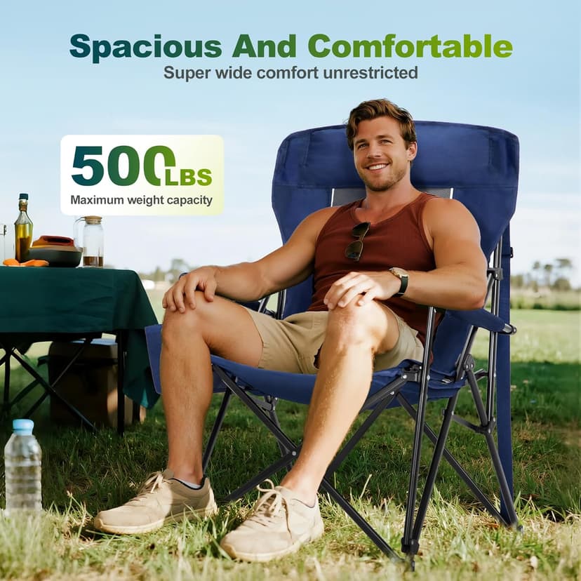 ALPHA CAMP Oversized Folding Camping Chairs High Backrest Heavy Duty Lawn Chairs for Adults Support 500 LBS Portable Camp Chairs with Cup Holders Large Side Pocket for Outdoor