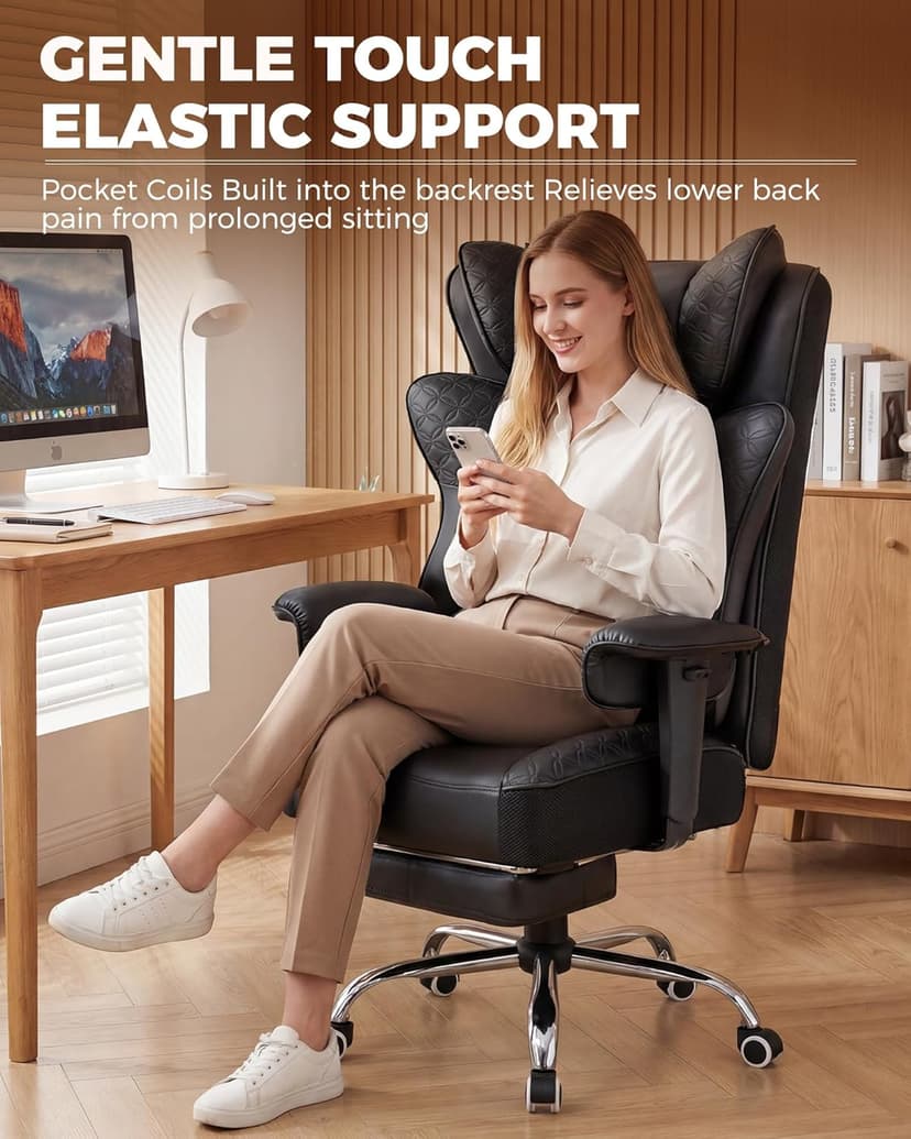 GTPLAYER Big and Tall Office Chair Wide Ergonomic Gaming Chair with Deluxe Embossing Designed Leather with Foot Rest,150°Reclining Adjustable Soft Armrests Pocket Spring Back Support and Pillow