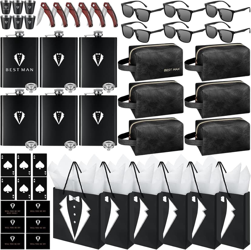 Complete Gift Set for Wedding with Flasks Shot Glasses Funnels Toiletry Bags Sunglasses Bottle Openers Gift Bags and Cards Rigibright 60 Pcs Groomsmen Gifts Set of 6 for Wedding Best Man Gift B0F6N4938G