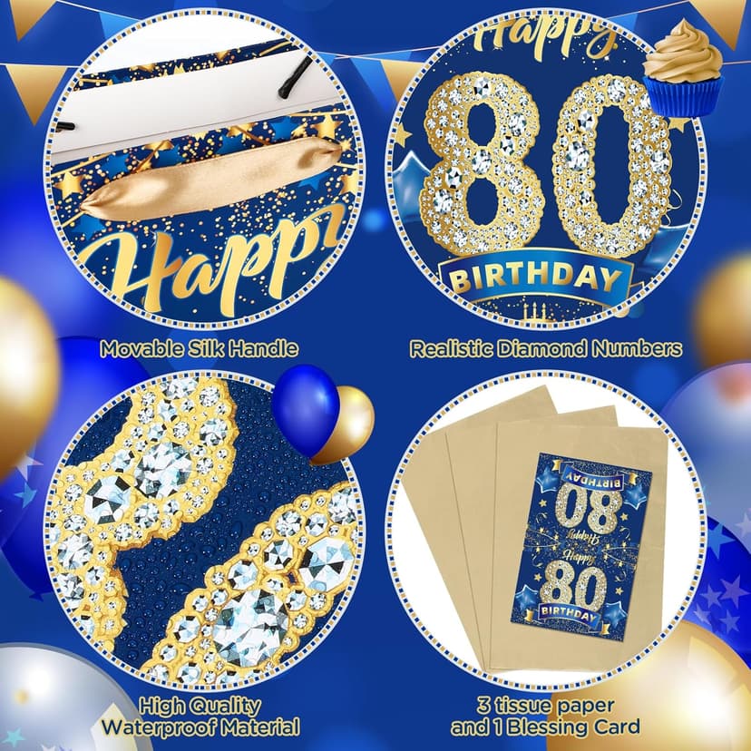 Blue 80th Birthday Gift Bag, Large Navy Blue and Gold Happy 80th Birthday Gift Wrap Bag with Card and 3pcs Tissue Paper for Men Women 80 Years Old Anniversary Party Favors Goodie Wrapping Bag Supplies