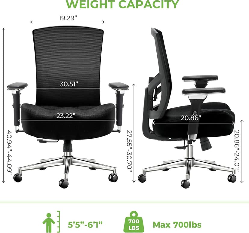 Big and Tall Office Chair 700lbs with Ergonomic W Wide Thick Seat Cushion, Oversized Mesh Desk Chair with Adjustable Lumbar Support, Computer Chair with Upgraded 4D Armrests