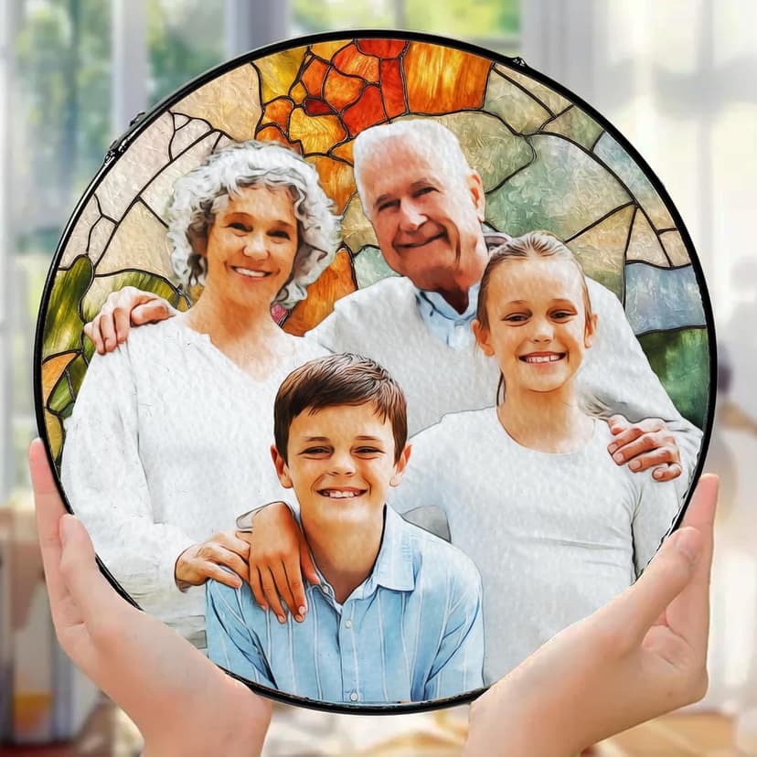 LOVELYPOD Personalized Grandma Stained Glass Sun Catcher, Photo Family Portrait Faux Window Hanging Ornament, Custom Photo Gift, Grandma Gifts, for Mom, Christmas Ornament