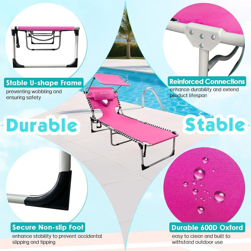 Outdoor Tanning Chair with Sun Canopy Shade & Face Hole, Folding Lounge Chair with Beach Table and Carry Bag for Poolside Sunbathing Lawn