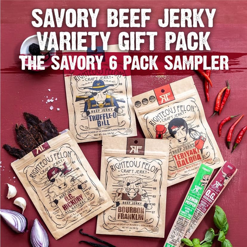 Righteous Felon Savory Beef Jerky Variety Gift Pack - Great Gifts for Men | Gluten Free, High Protein Healthy Snack | Bulk Beef, Pork, & Turkey Jerky Variety Snack Packs | The Savory 6 Pack Sampler