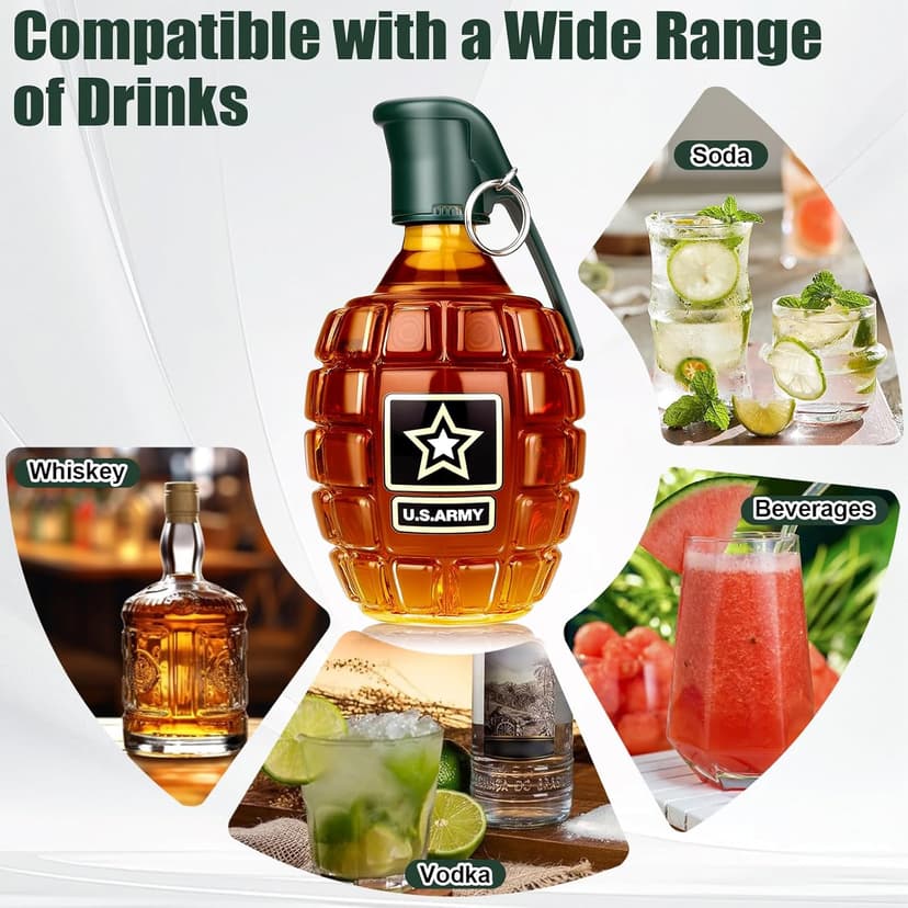 Military Hand Grenade Whiskey Bottle, 300ml Engraved Glass Hand-Grenade Shape Bottle, Leakproof Whiskey Decanter for Men Military Lovers Veteran Gifts